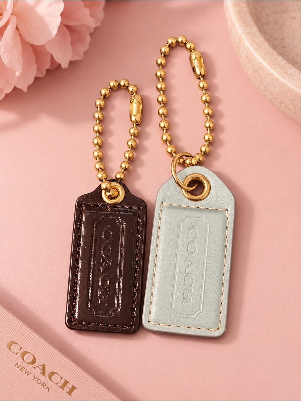 Coach Leather Key & Card Holder Tags in Brown and Light Blue with Gold Hardware